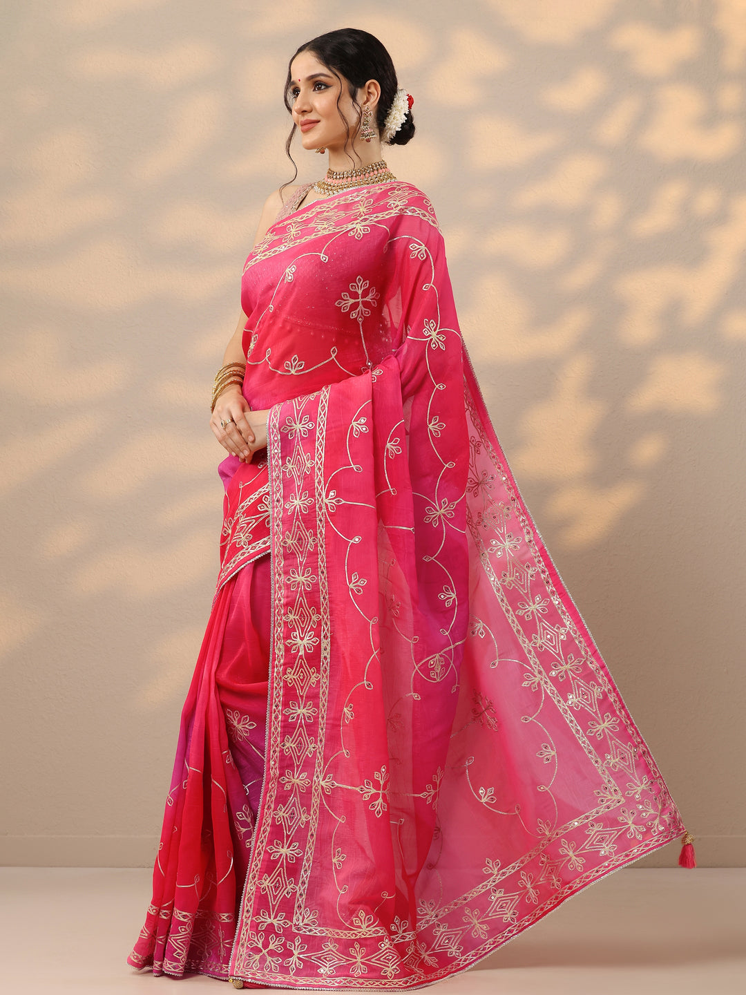  Pink Embroidered Organza Saree With Unstitched Blouse Piece 