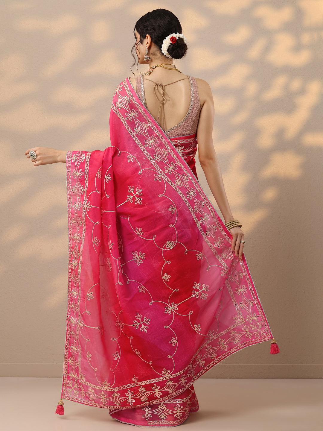  Pink Embroidered Organza Saree With Unstitched Blouse Piece 