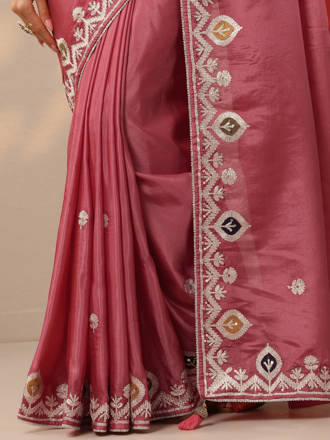  Peach Embroidered Chinon Saree With Unstitched Blouse Piece 