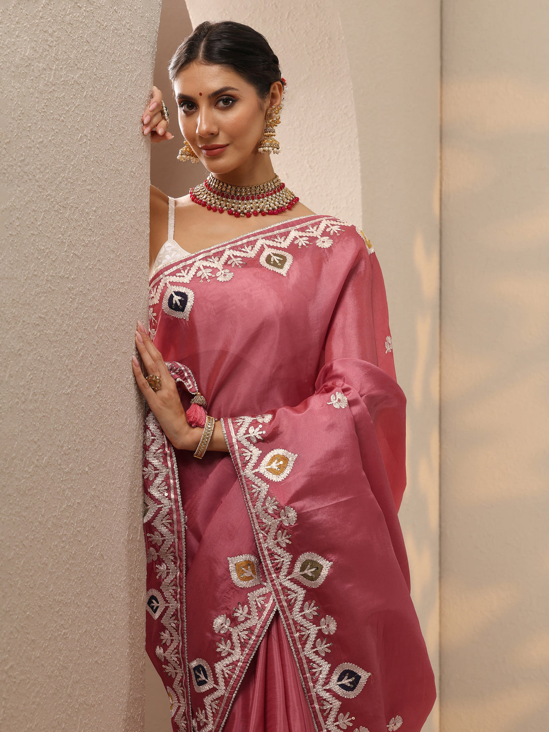  Peach Embroidered Chinon Saree With Unstitched Blouse Piece 