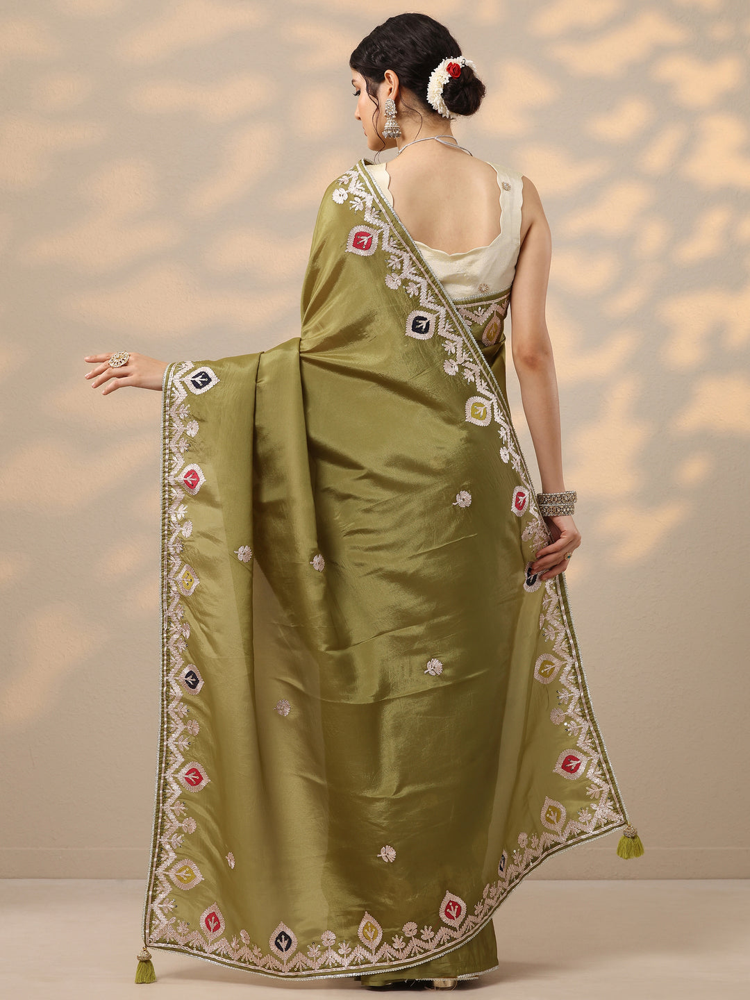  Green Embroidered Chinon Saree With Unstitched Blouse Piece 