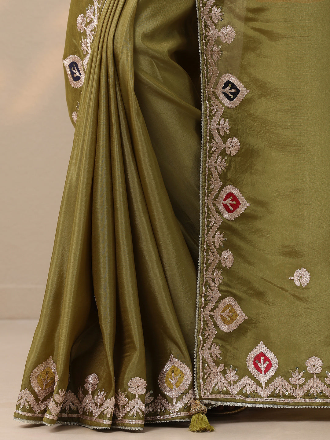  Green Embroidered Chinon Saree With Unstitched Blouse Piece 