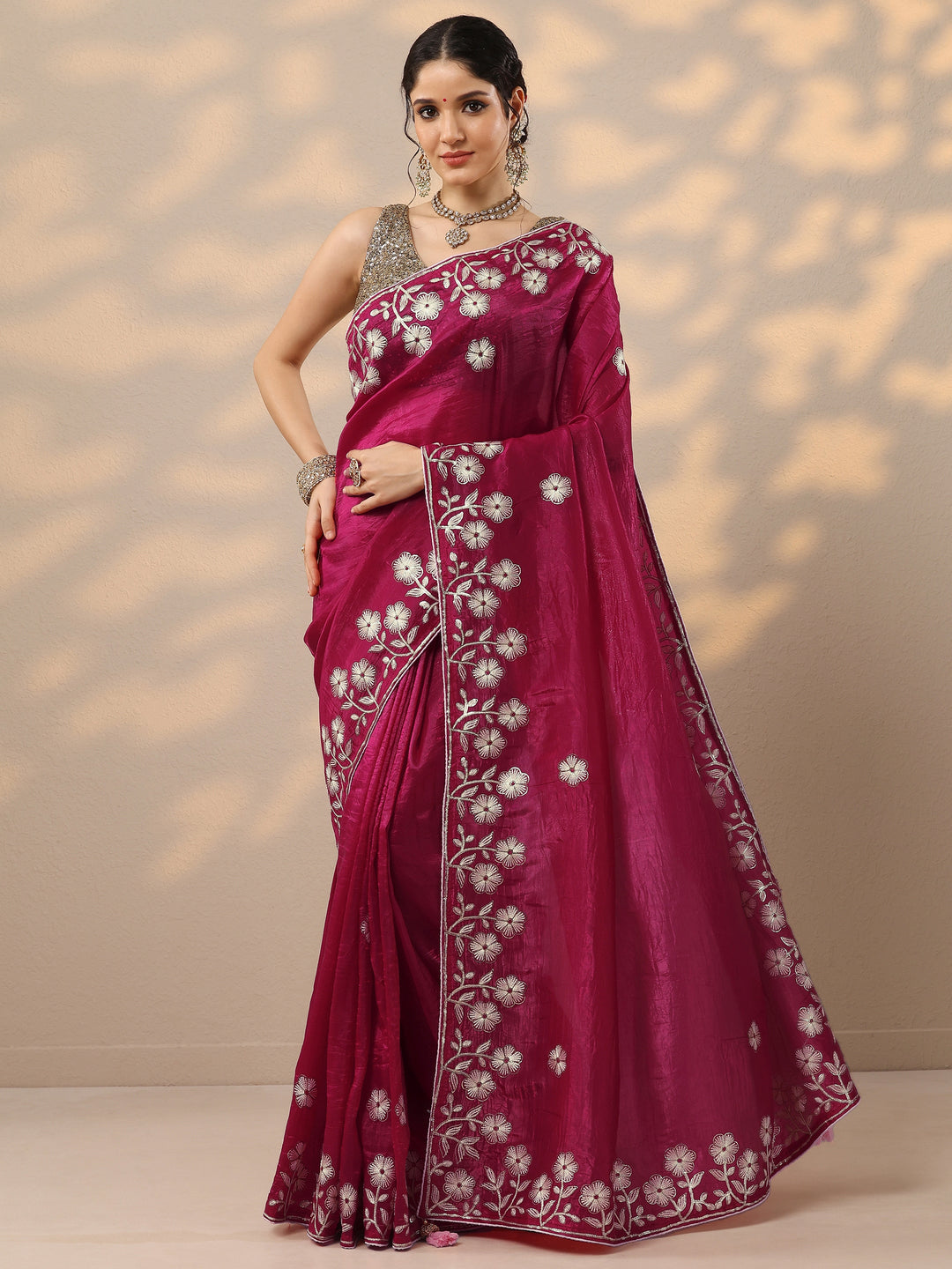  Pink Embroidered Organza Saree With Unstitched Blouse Piece 