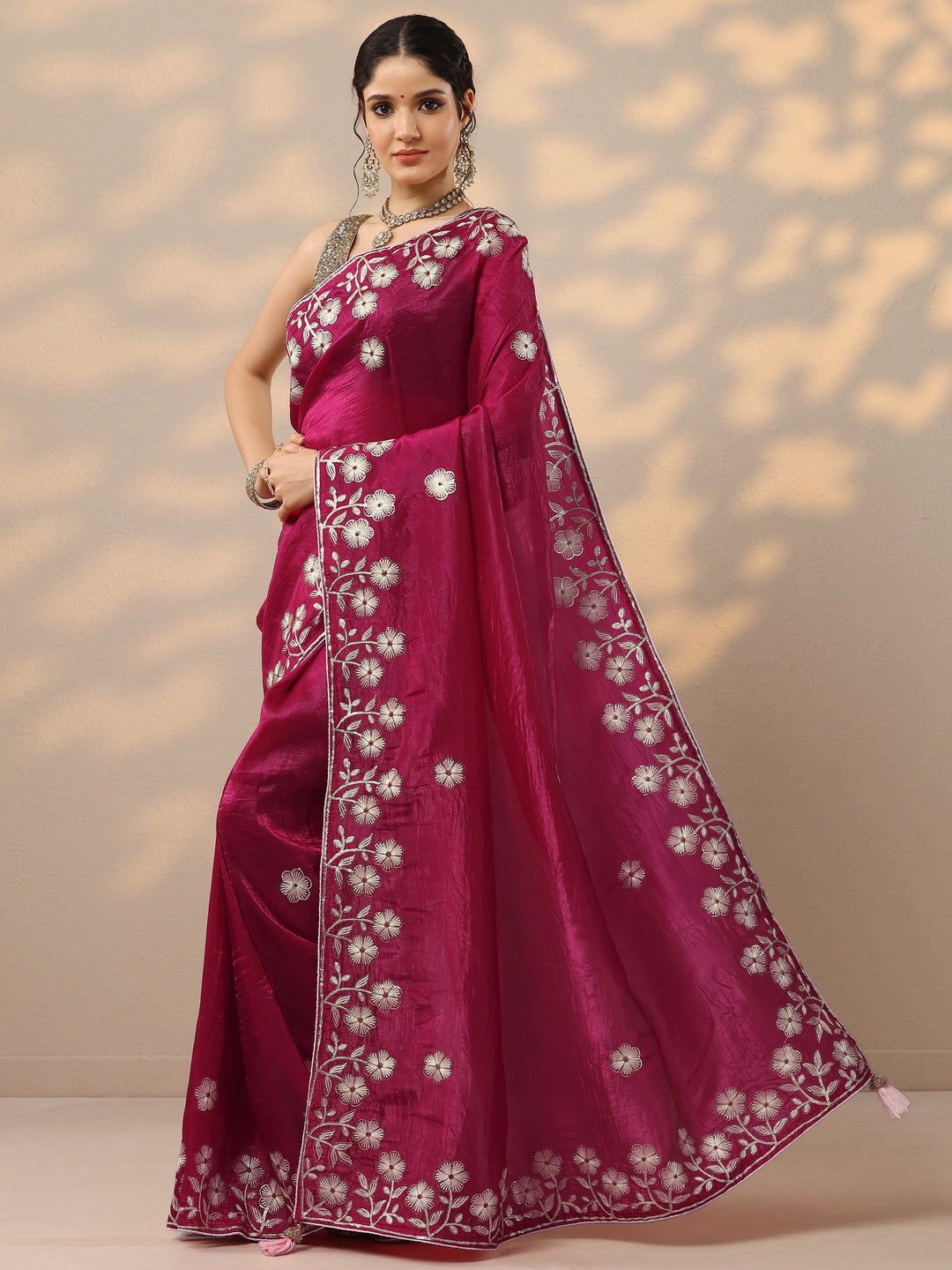  Pink Embroidered Organza Saree With Unstitched Blouse Piece 