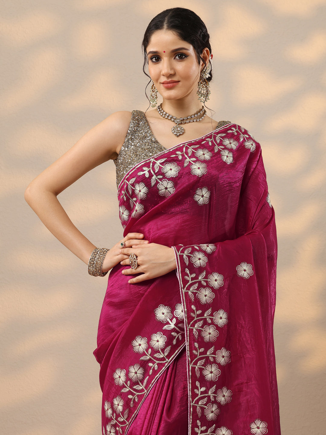  Pink Embroidered Organza Saree With Unstitched Blouse Piece 