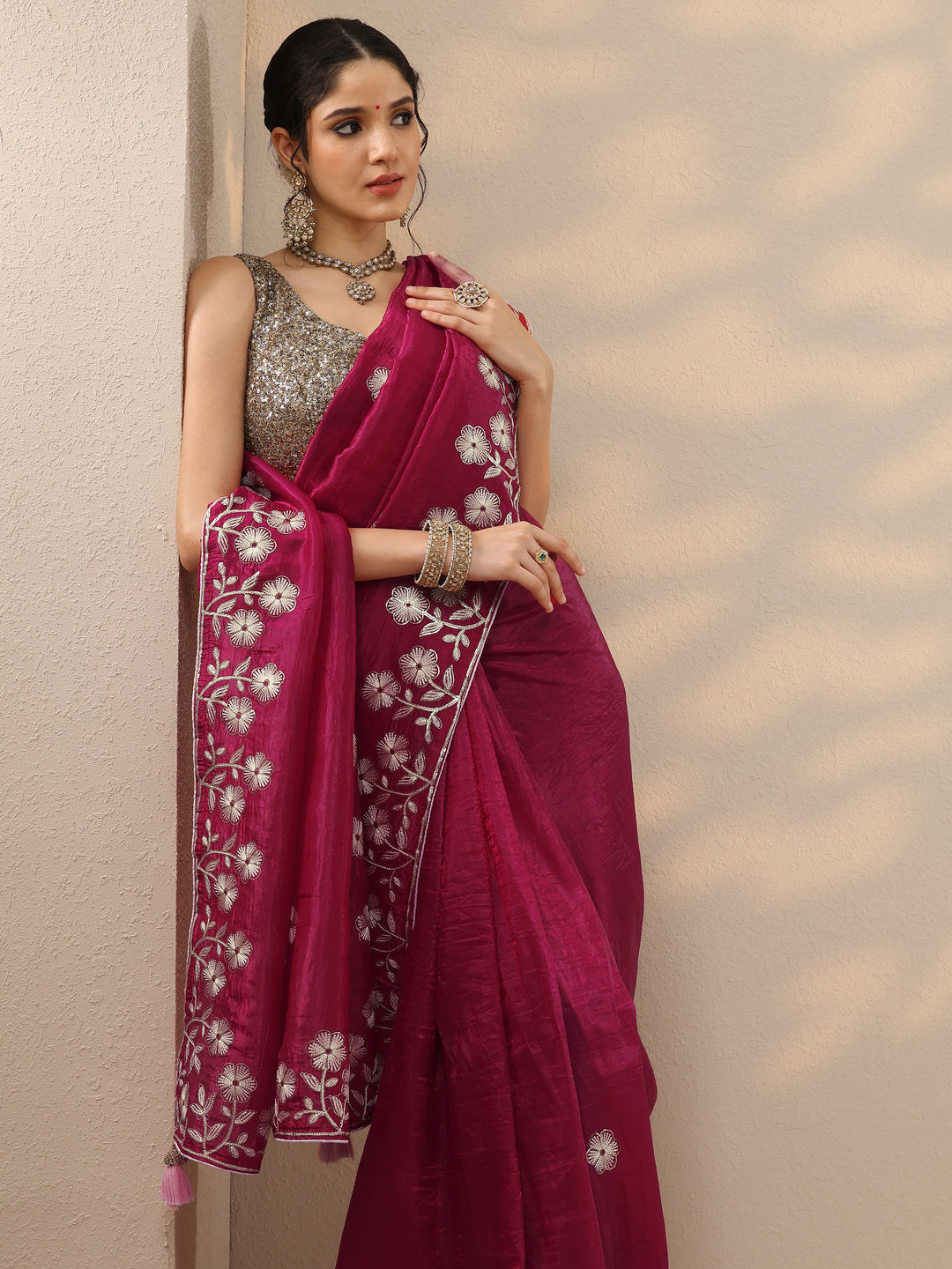  Pink Embroidered Organza Saree With Unstitched Blouse Piece 