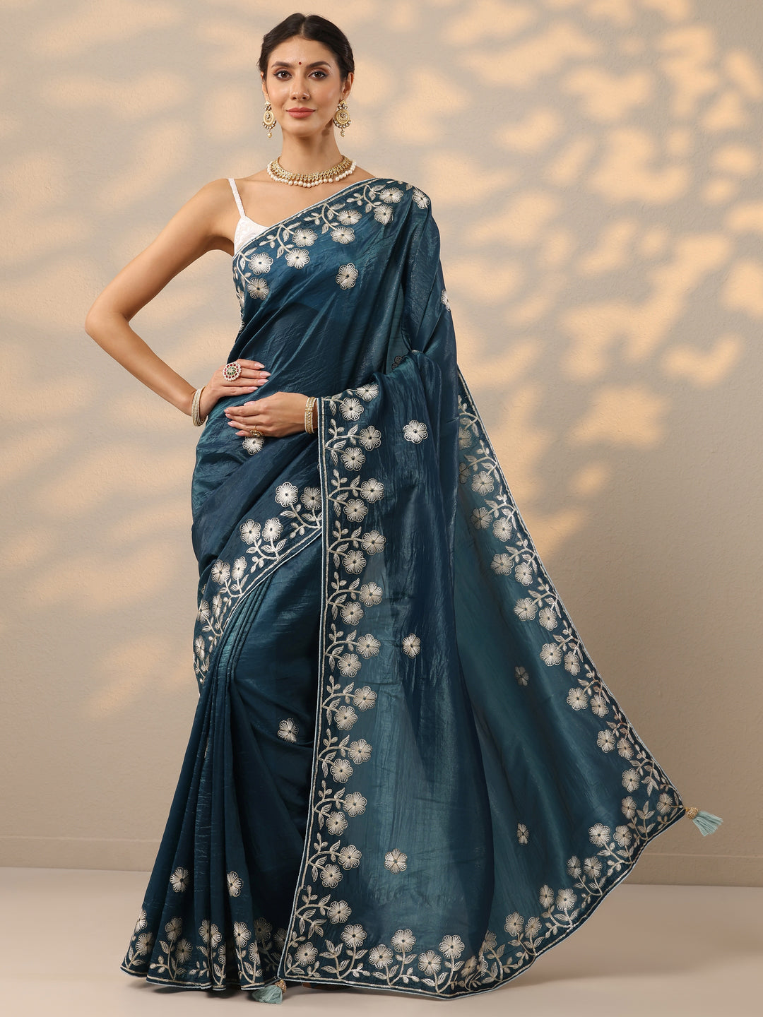  Blue Embroidered Organza Saree With Unstitched Blouse Piece 