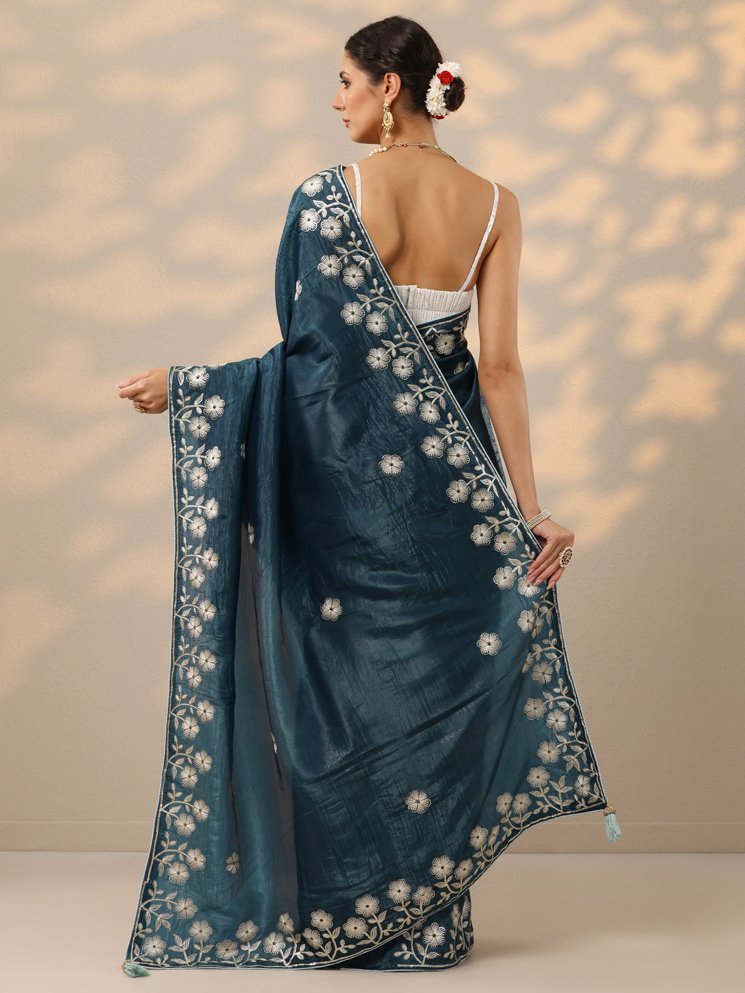  Blue Embroidered Organza Saree With Unstitched Blouse Piece 