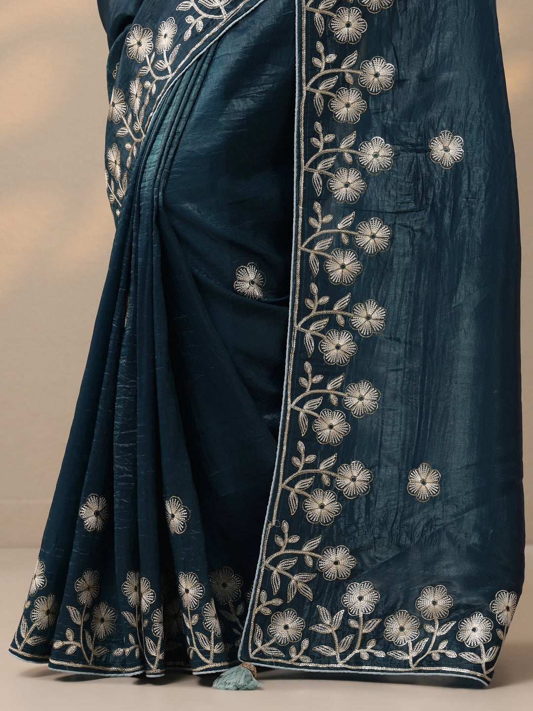  Blue Embroidered Organza Saree With Unstitched Blouse Piece 