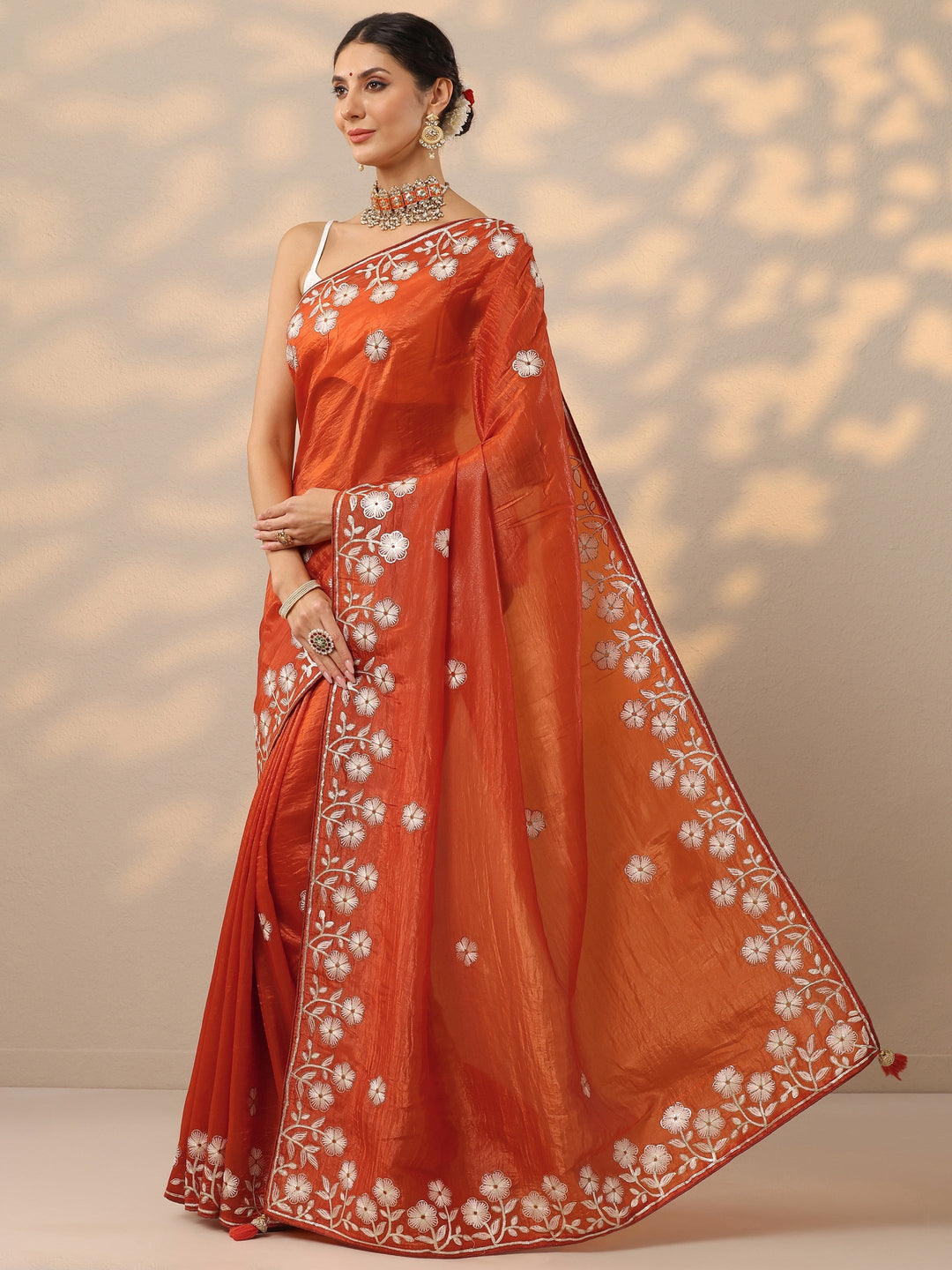  Orange Embroidered Organza Saree With Unstitched Blouse Piece 