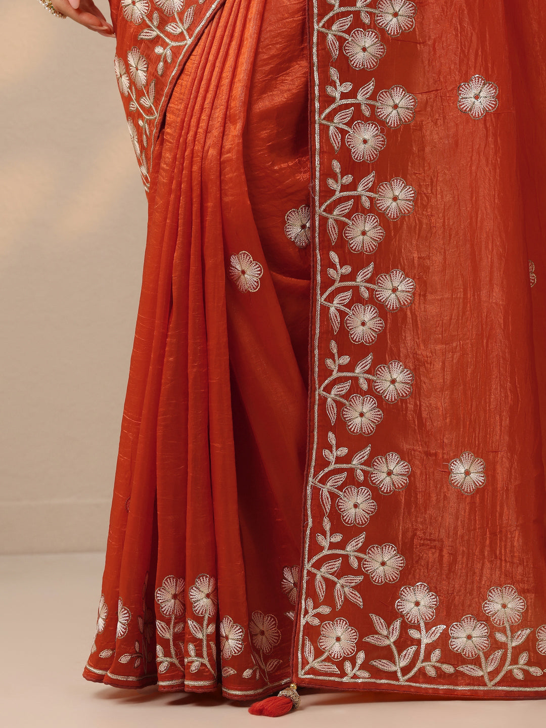  Orange Embroidered Organza Saree With Unstitched Blouse Piece 