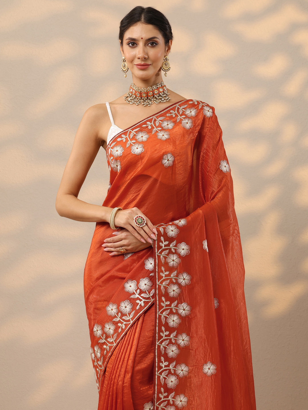  Orange Embroidered Organza Saree With Unstitched Blouse Piece 