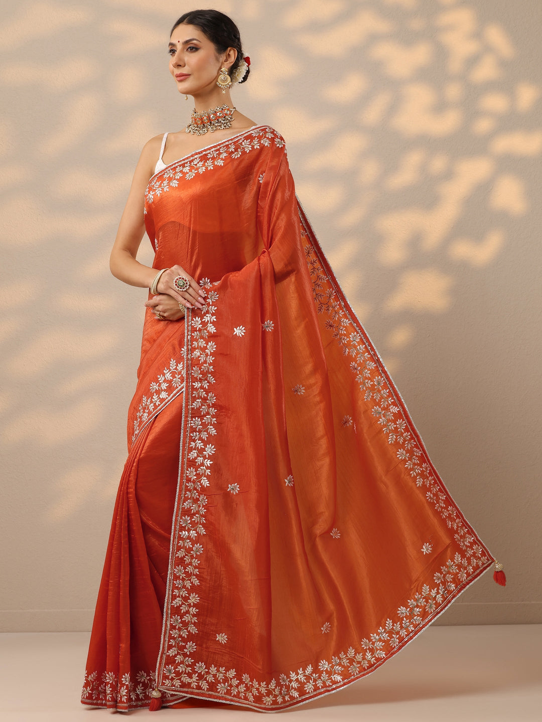  Orange Embroidered Organza Saree With Unstitched Blouse Piece 