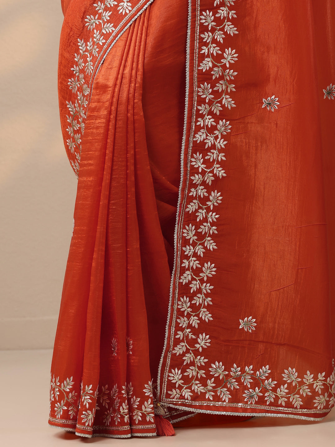  Orange Embroidered Organza Saree With Unstitched Blouse Piece 