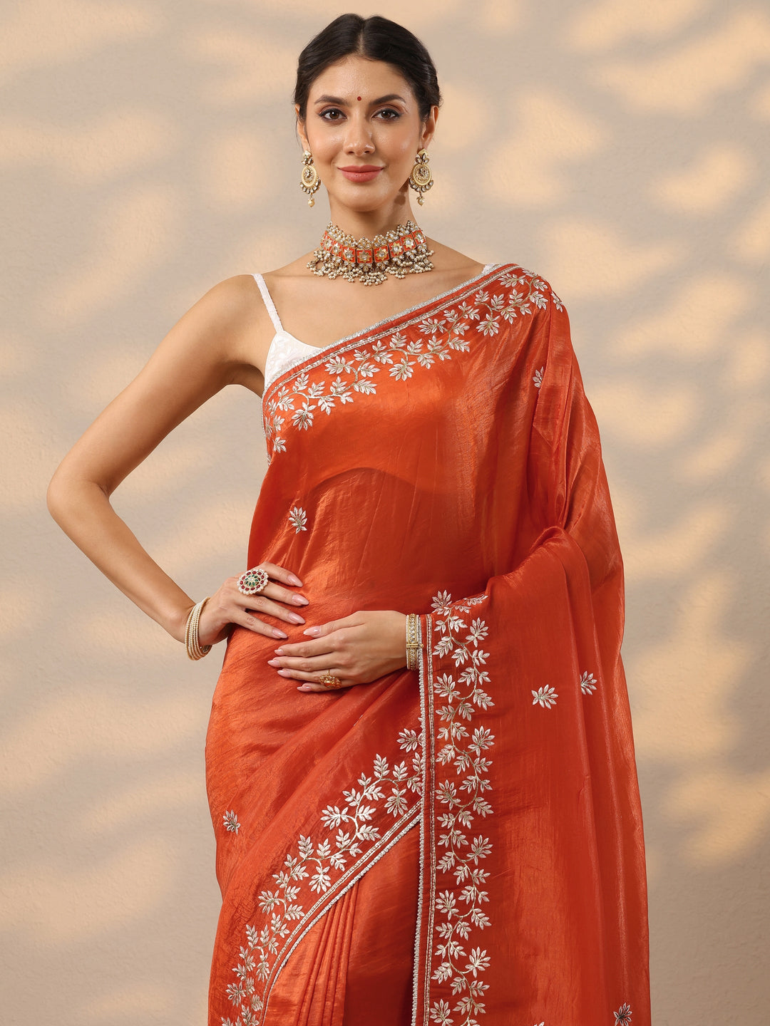  Orange Embroidered Organza Saree With Unstitched Blouse Piece 