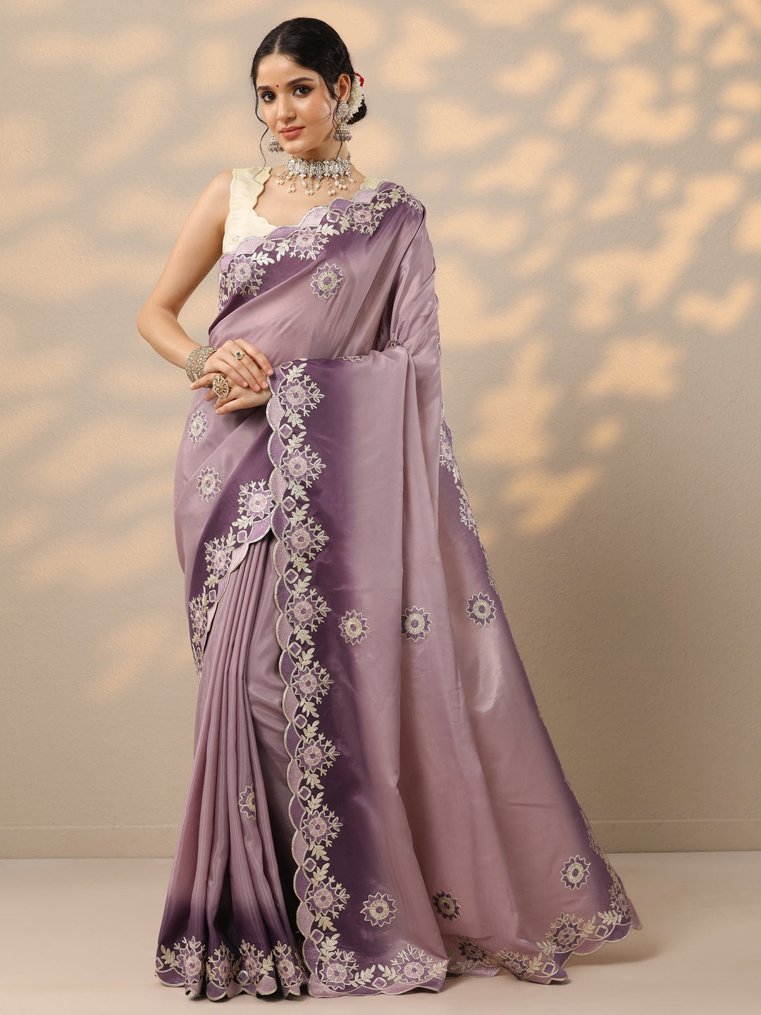  Lavender Embroidered Silk Blend Saree With Unstitched Blouse Piece 