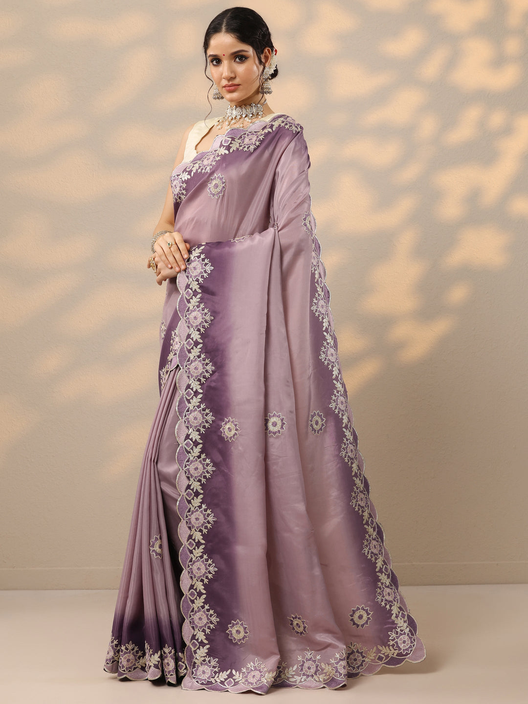  Lavender Embroidered Silk Blend Saree With Unstitched Blouse Piece 