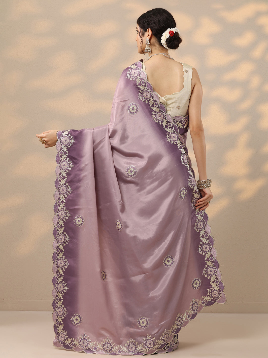  Lavender Embroidered Silk Blend Saree With Unstitched Blouse Piece 