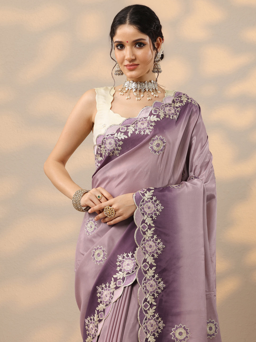  Lavender Embroidered Silk Blend Saree With Unstitched Blouse Piece 