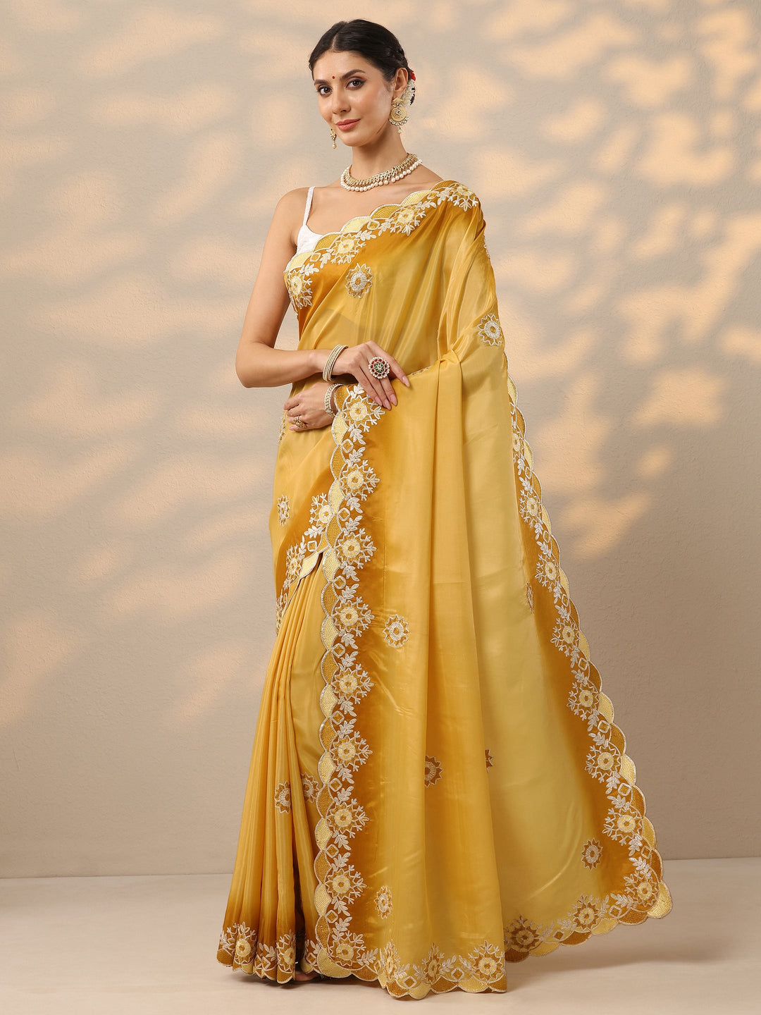 Yellow Embroidered Silk Blend Saree With Unstitched Blouse Piece 