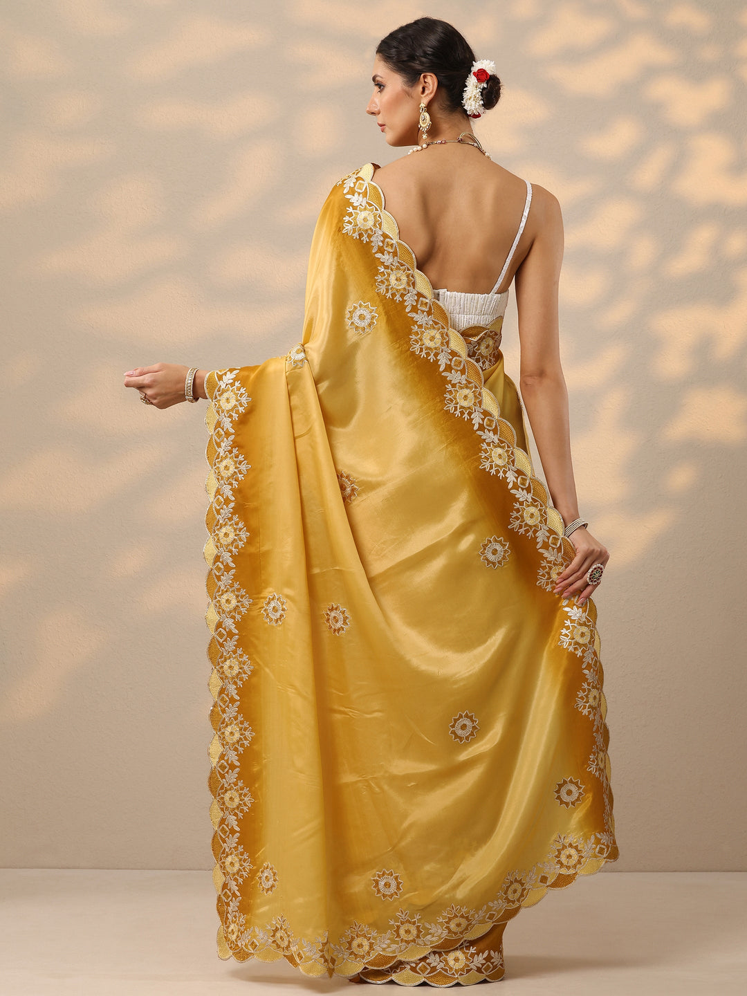  Yellow Embroidered Silk Blend Saree With Unstitched Blouse Piece 