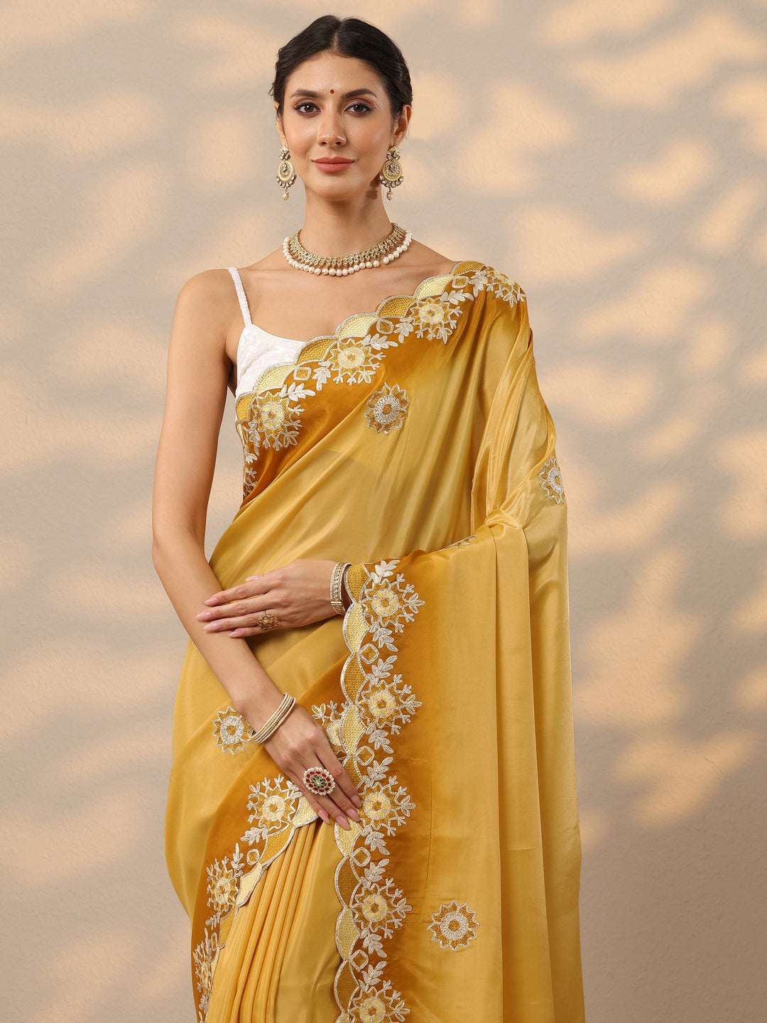  Yellow Embroidered Silk Blend Saree With Unstitched Blouse Piece 