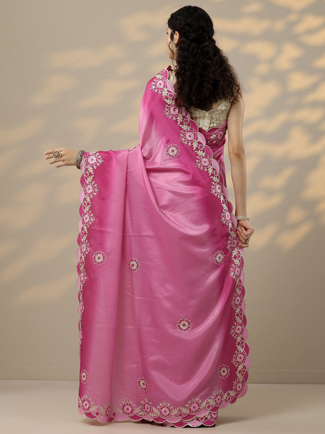  Pink Embroidered Silk Blend Saree With Unstitched Blouse Piece 
