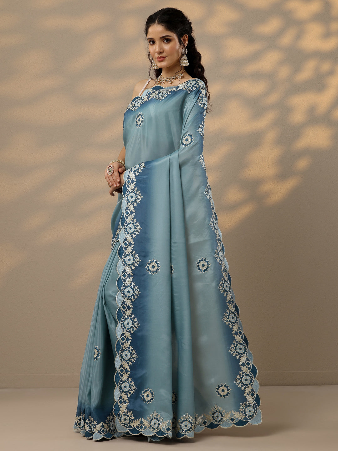  Blue Embroidered Silk Blend Saree With Unstitched Blouse Piece 
