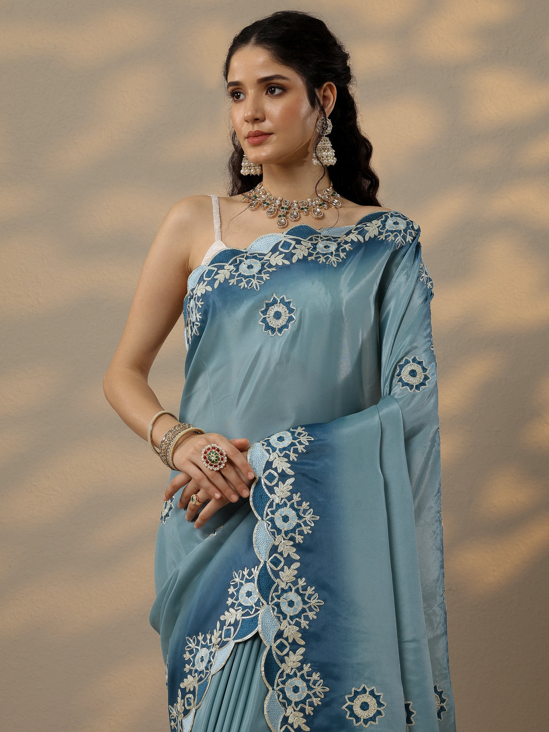  Blue Embroidered Silk Blend Saree With Unstitched Blouse Piece 