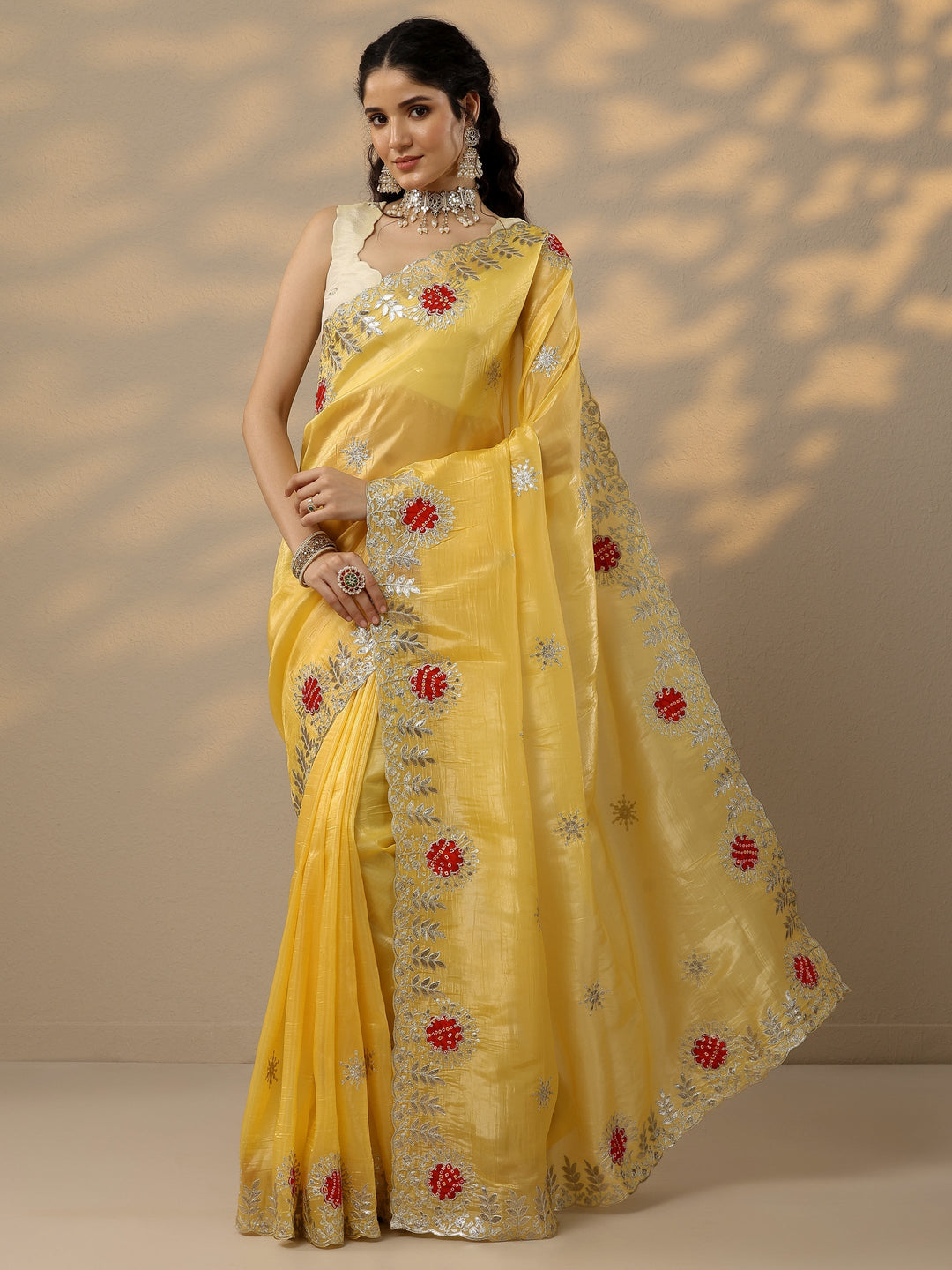 Yellow Embroidered Organza Saree With Unstitched Blouse Piece 