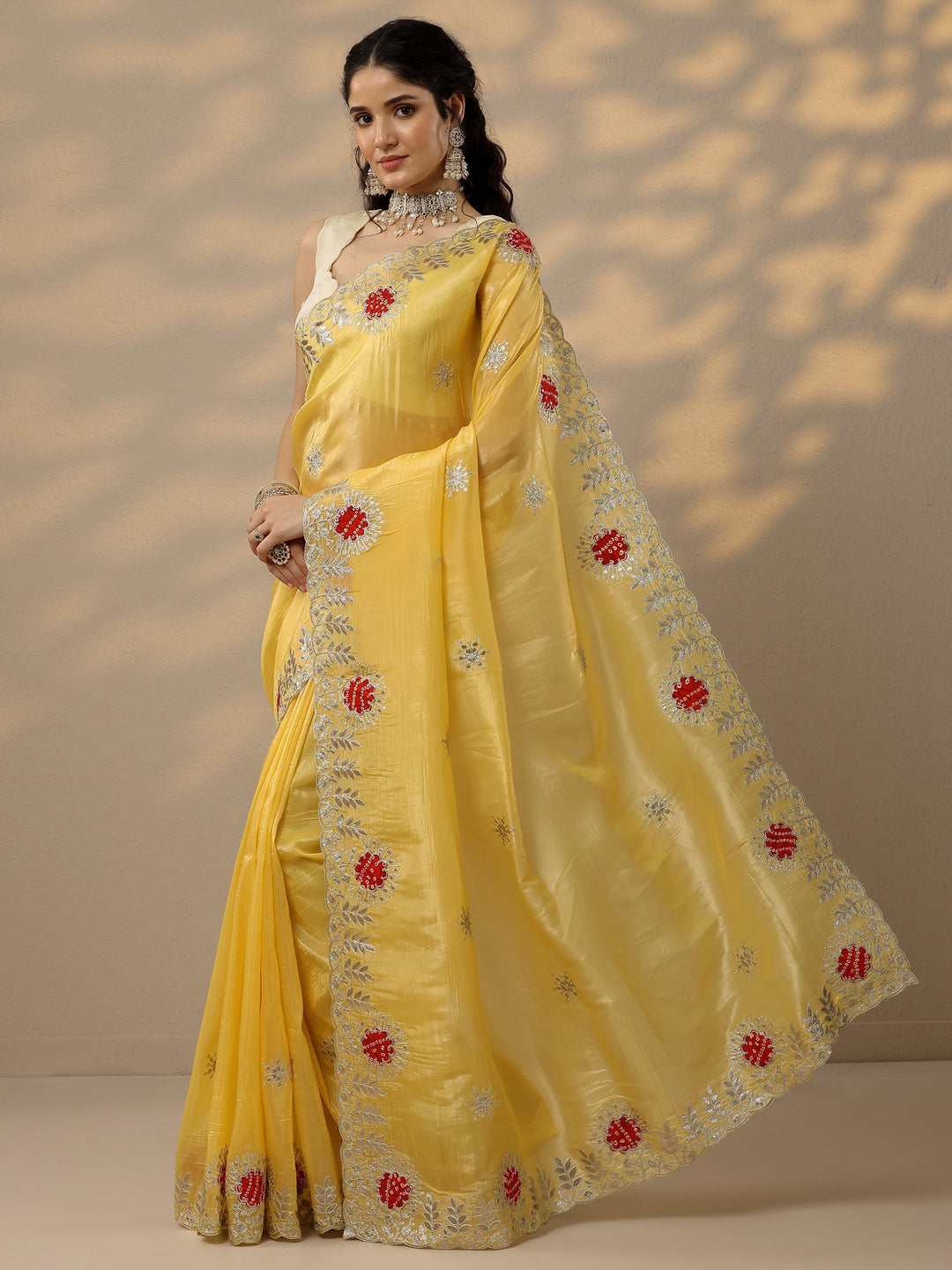  Yellow Embroidered Organza Saree With Unstitched Blouse Piece 