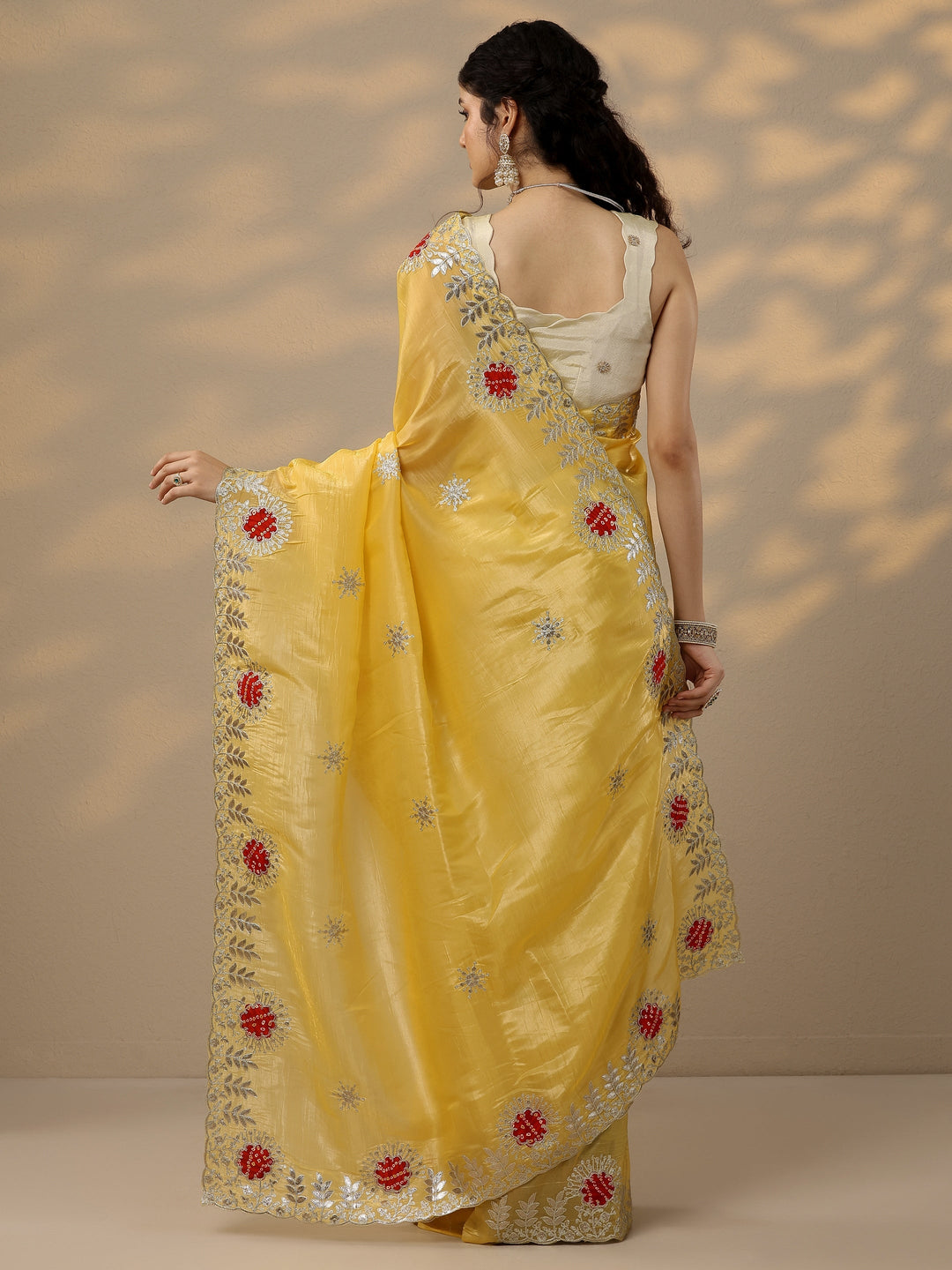  Yellow Embroidered Organza Saree With Unstitched Blouse Piece 