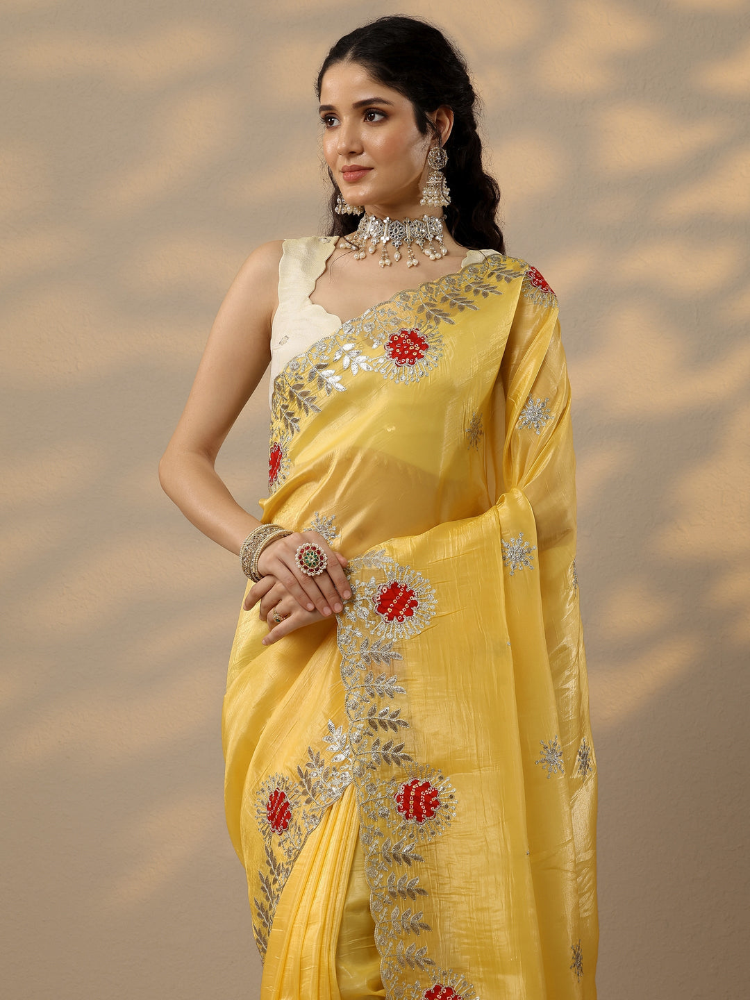  Yellow Embroidered Organza Saree With Unstitched Blouse Piece 