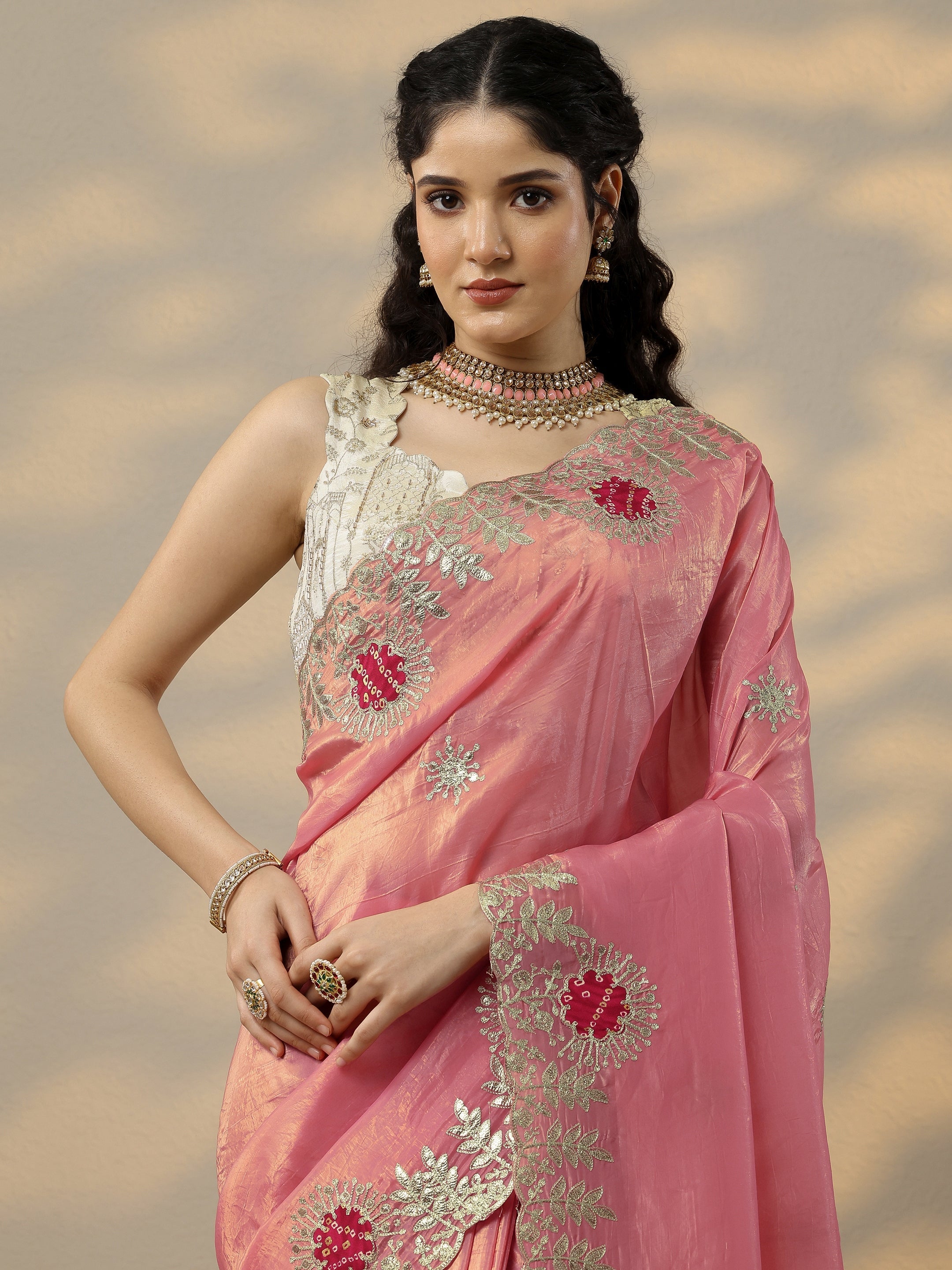 libas Peach Embroidered Organza Saree With Unstitched Blouse Piece-picture-16