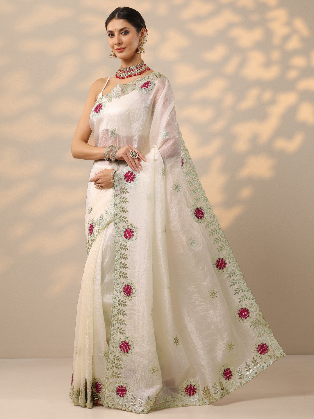  White Embroidered Organza Saree With Unstitched Blouse Piece 