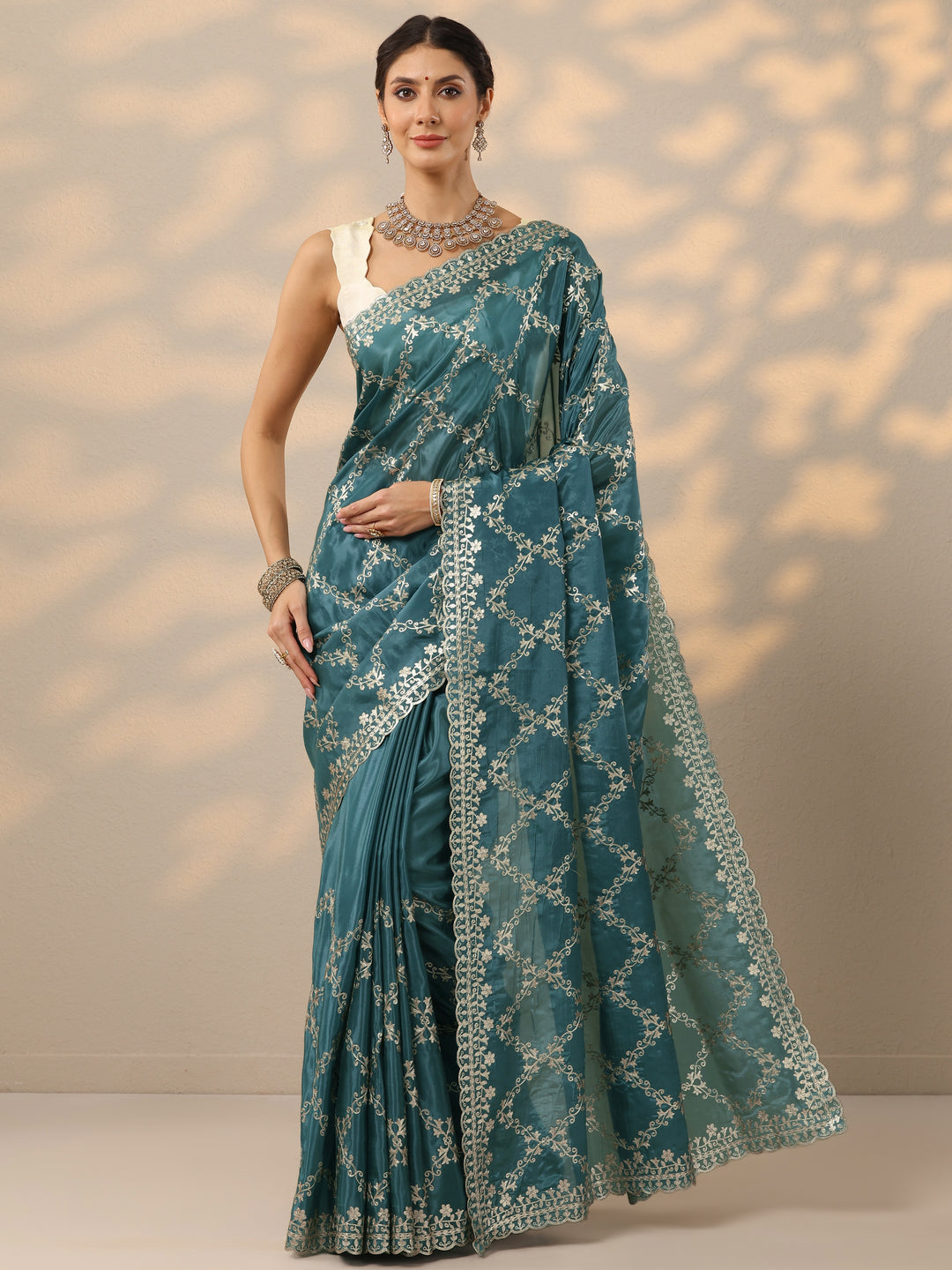  Blue Embroidered Silk Blend Saree With Unstitched Blouse Piece 