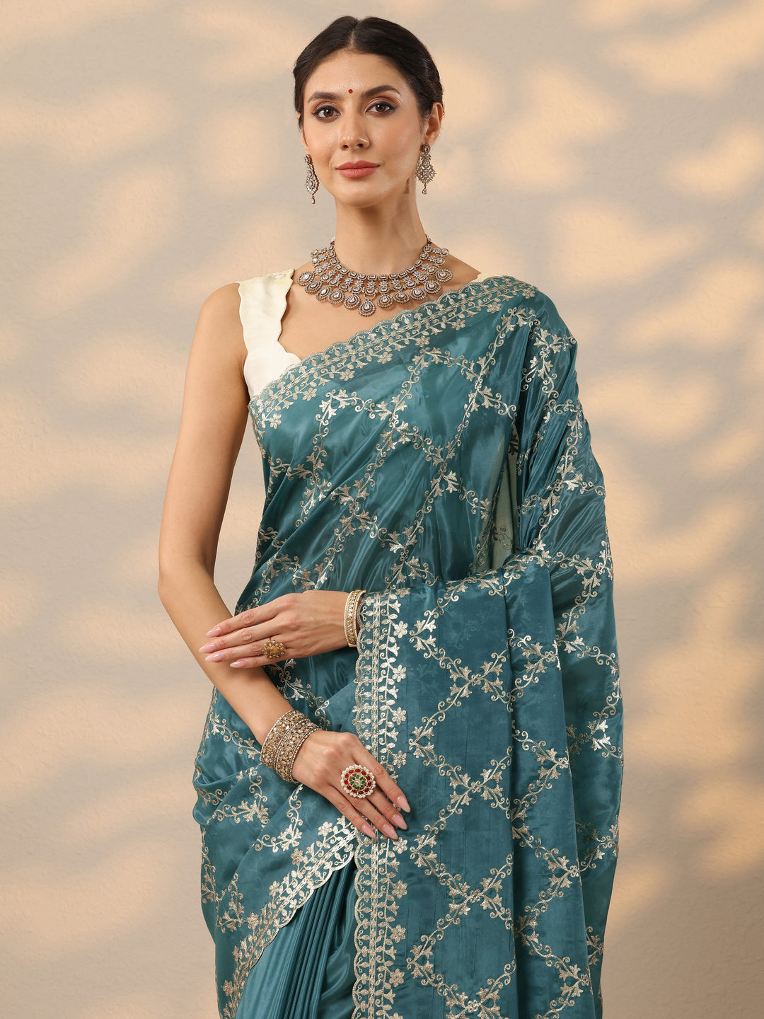  Blue Embroidered Silk Blend Saree With Unstitched Blouse Piece 