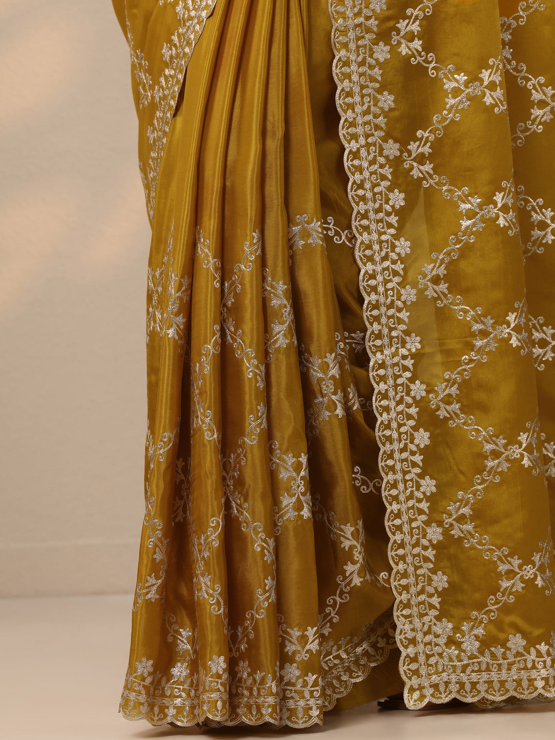  Mustard Embroidered Silk Blend Saree With Unstitched Blouse Piece 