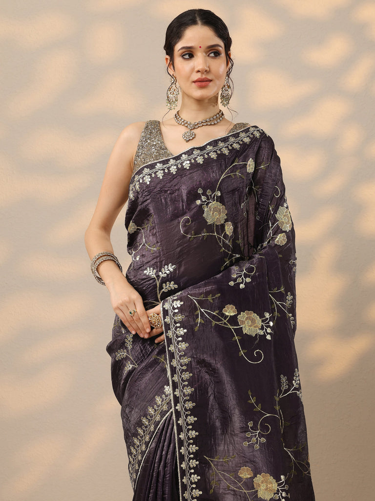 Libas Purple Embroidered Organza Saree With Unstitched Blouse Piece