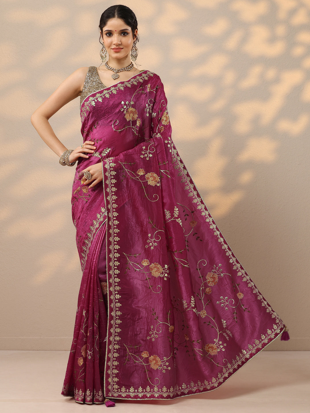  Pink Embroidered Organza Saree With Unstitched Blouse Piece 