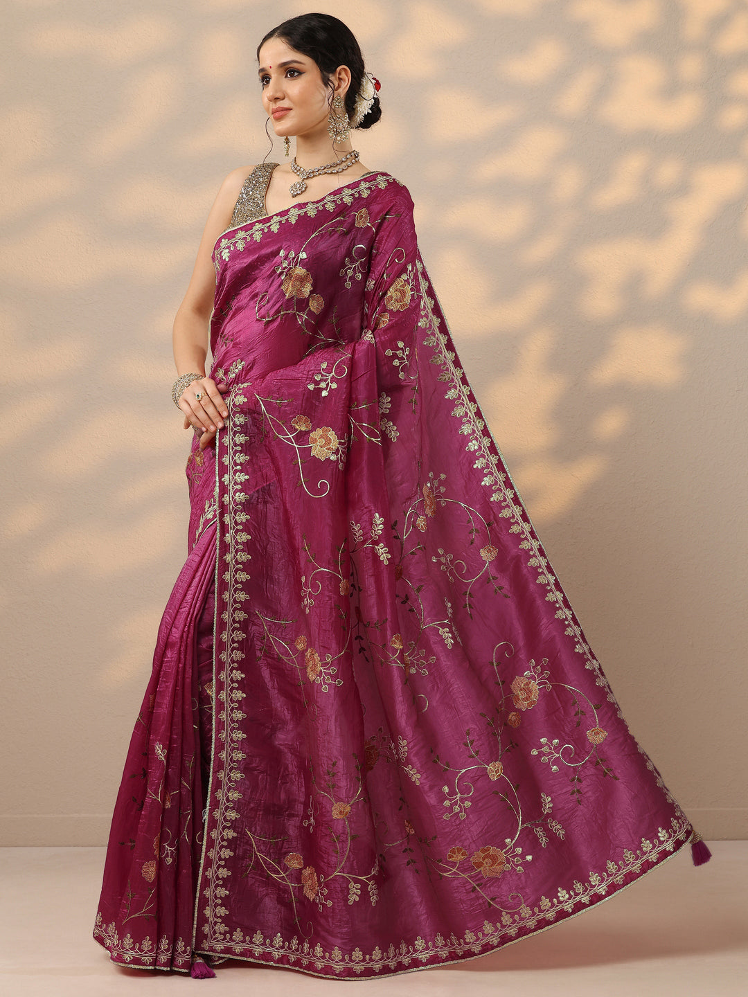  Pink Embroidered Organza Saree With Unstitched Blouse Piece 