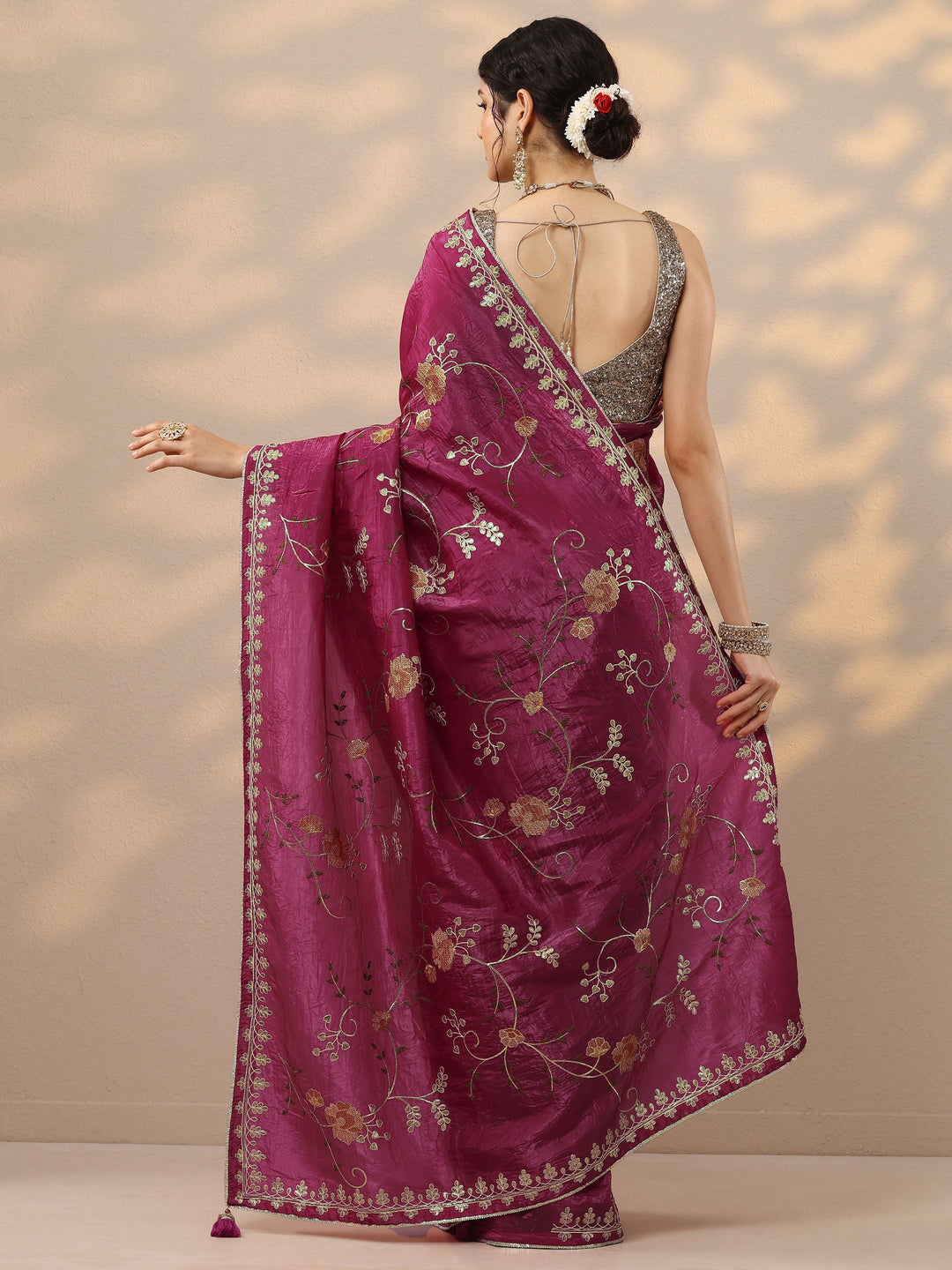  Pink Embroidered Organza Saree With Unstitched Blouse Piece 