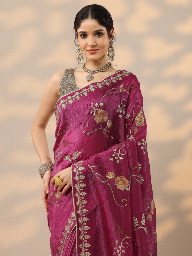 Libas Pink Embroidered Organza Saree With Unstitched Blouse Piece