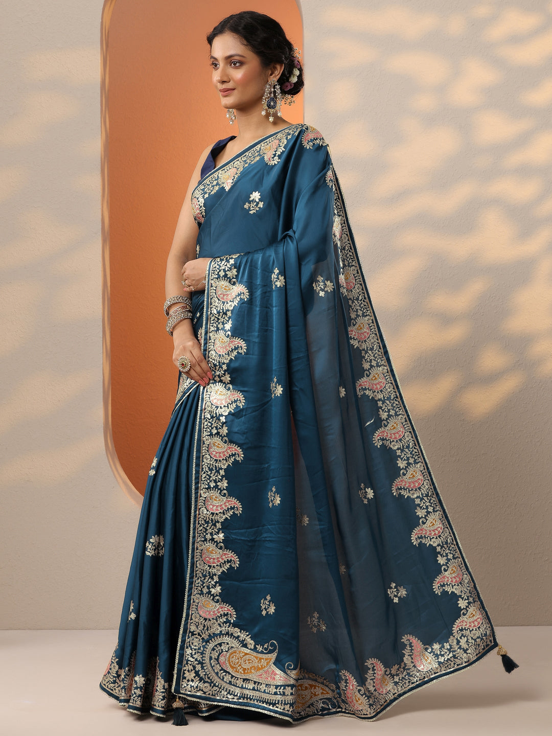  Blue Embroidered Satin Saree With Unstitched Blouse Piece 