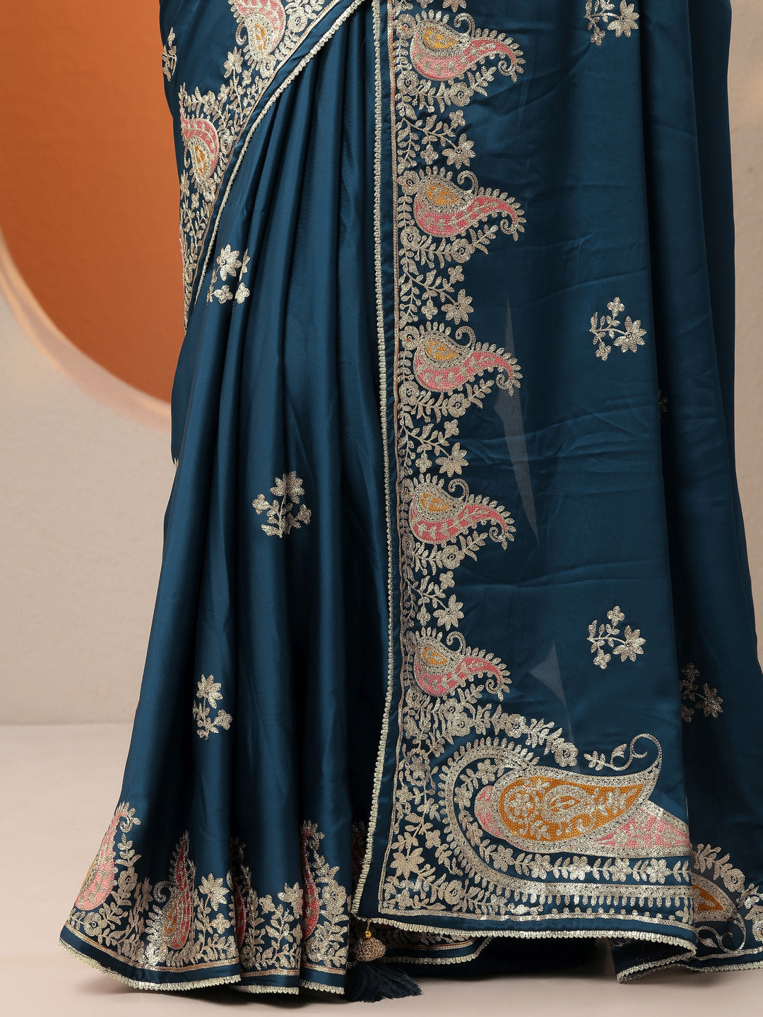  Blue Embroidered Satin Saree With Unstitched Blouse Piece 