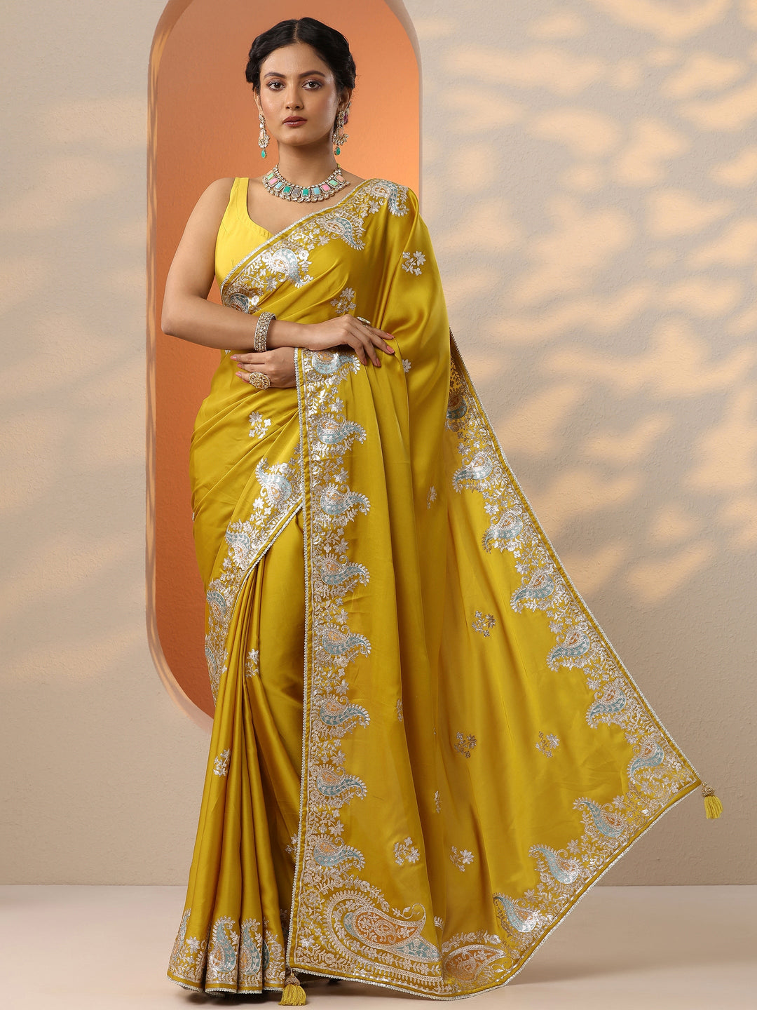 Mustard Embroidered Satin Saree With Unstitched Blouse Piece 