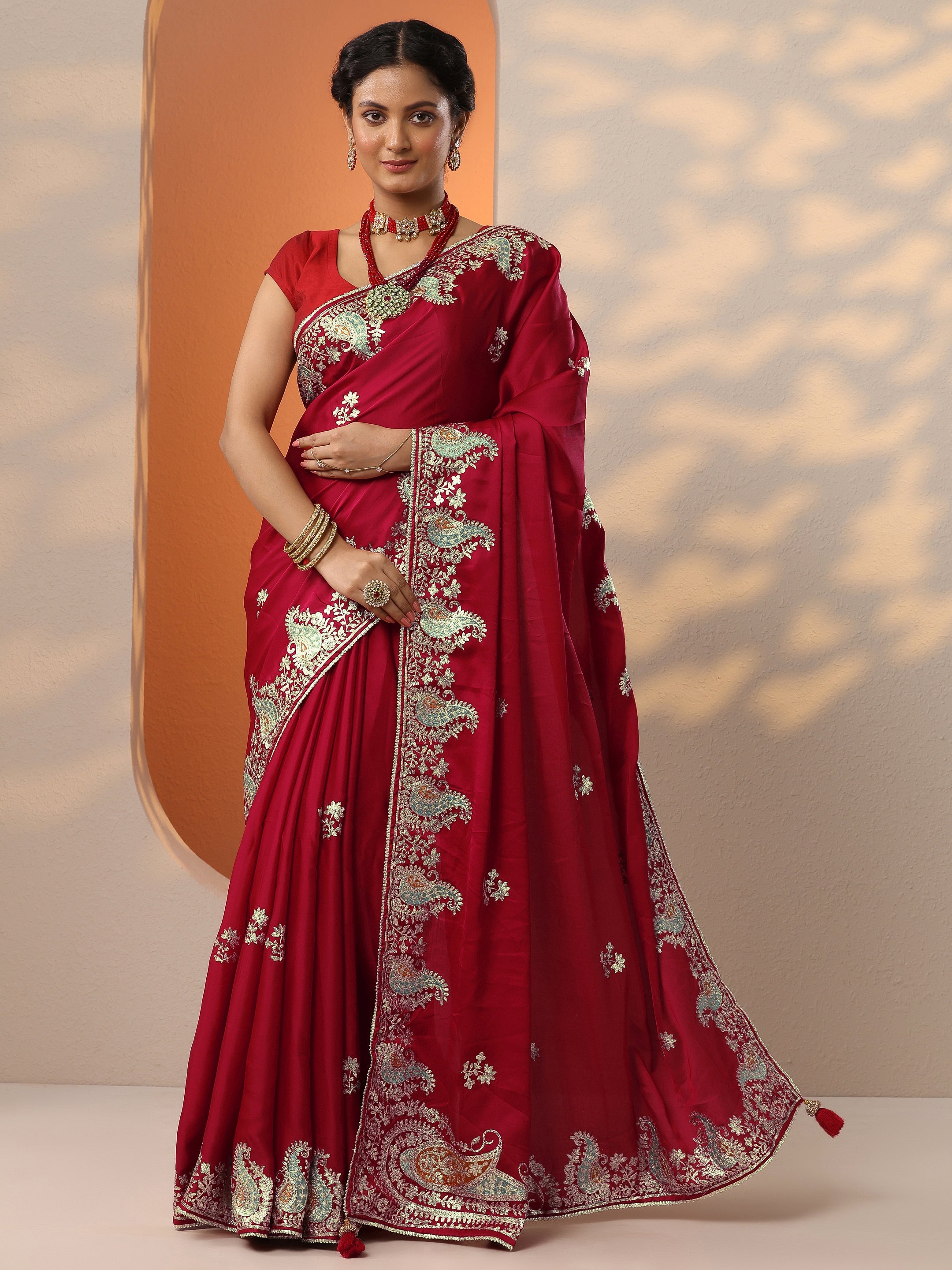 Red Embroidered Satin Saree With Unstitched Blouse Piece-image-46
