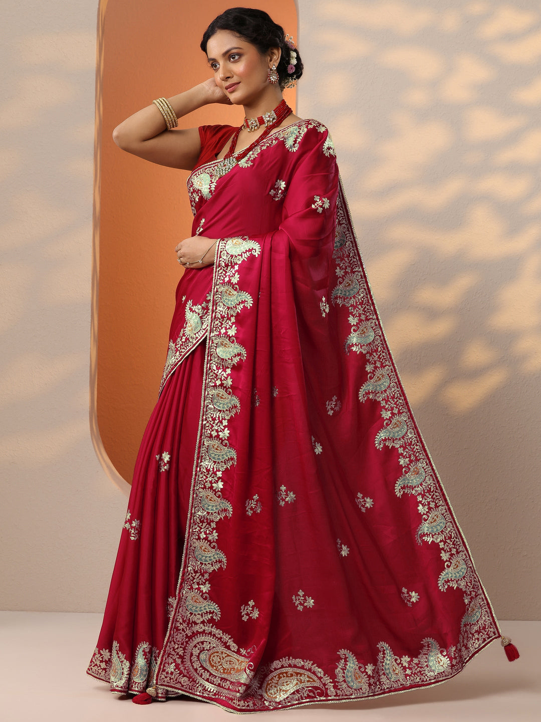  Red Embroidered Satin Saree With Unstitched Blouse Piece 
