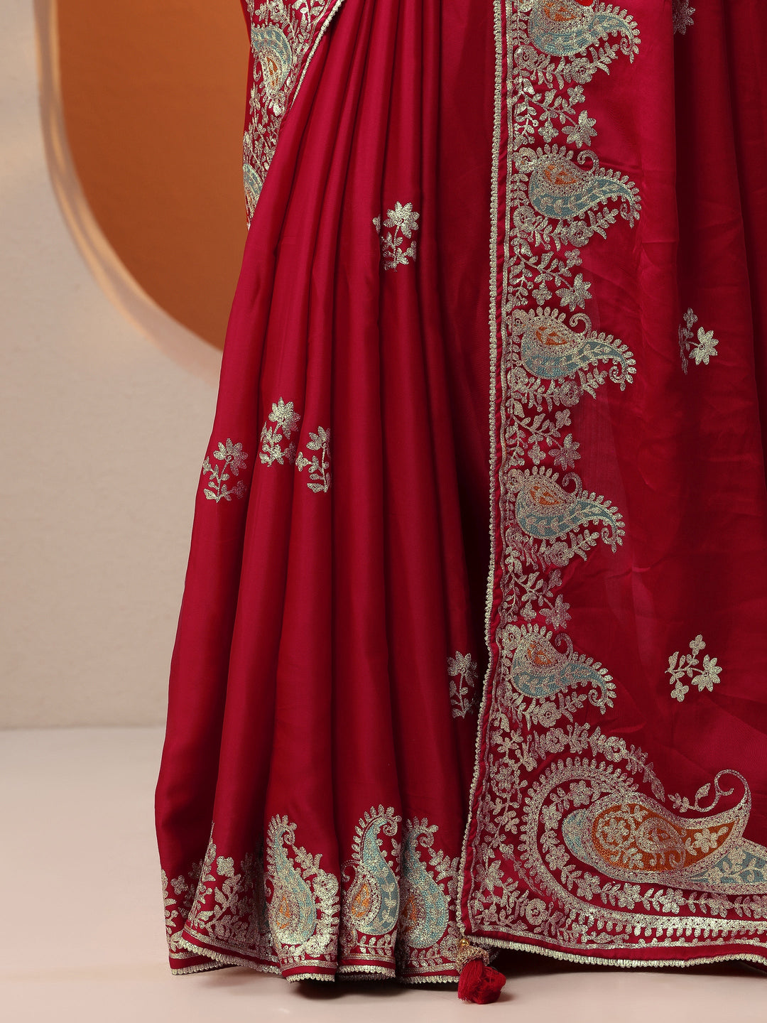  Red Embroidered Satin Saree With Unstitched Blouse Piece 