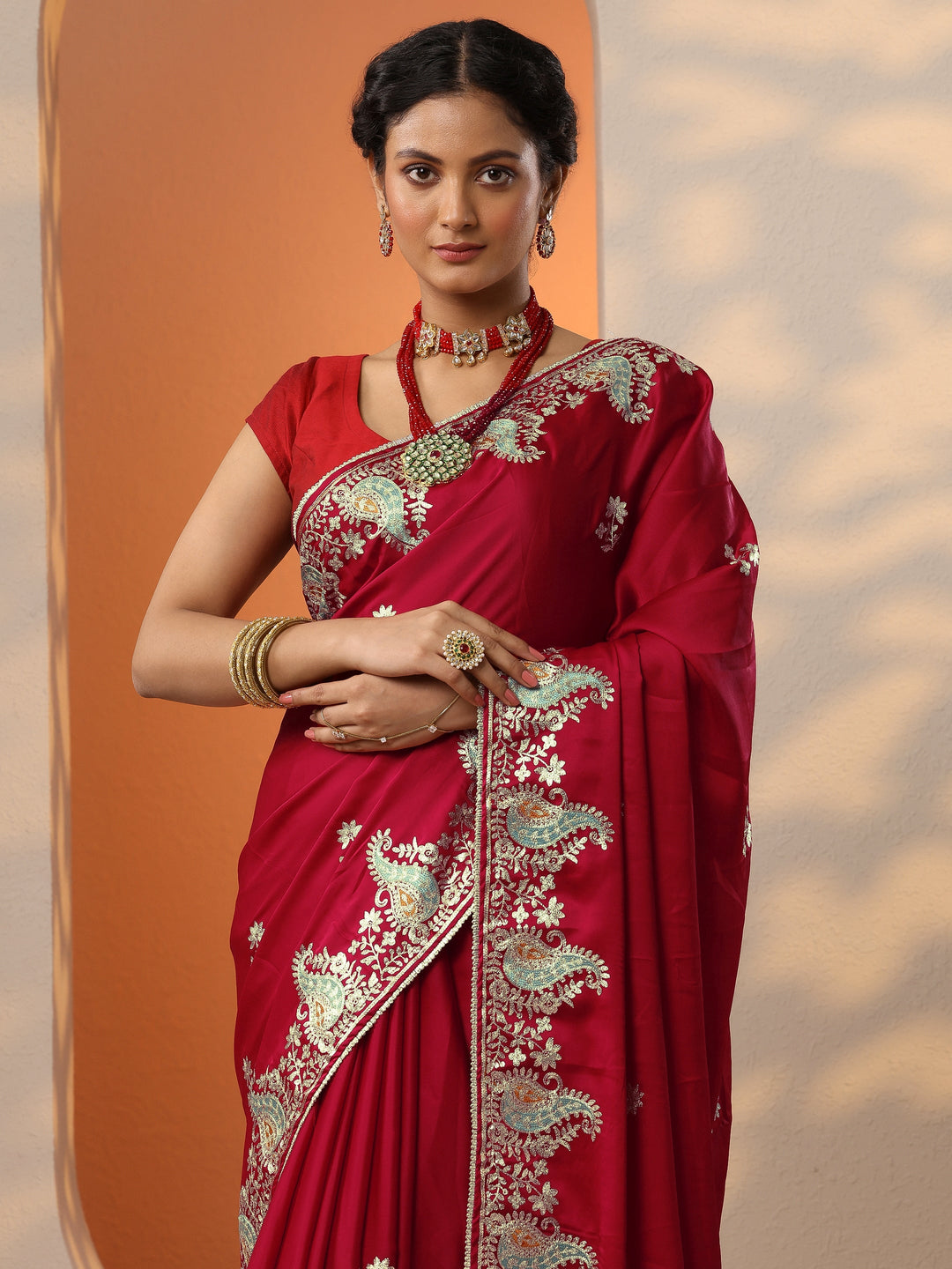  Red Embroidered Satin Saree With Unstitched Blouse Piece 